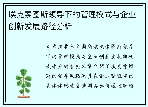 埃克索图斯领导下的管理模式与企业创新发展路径分析